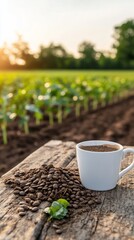 Coffee cup, beans, sunset, field