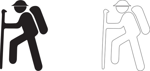 Man in hat with stick and backpack. Vector icon of tourist on hike.