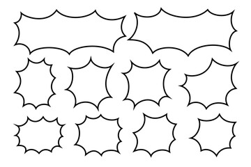 Set of blank comic speech bubbles. Manga dialogue frames. Empty text boxes, message balloons, emphasis, boom or explode cartoon effects for anime book page. Vector graphic illustration.