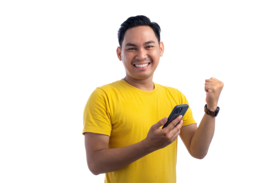 Portrait of excited handsome Asian man using smartphone, gesturing yes with clenched fist, celebrating good news isolated on transparent background