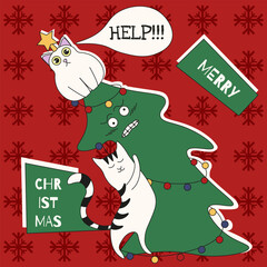 Humor Christmas pop art brochure template design. Funky funny cat with Christmas tree. Perfect XMAS greeting poster cover template. Vector illustration with typography. Xmas background. EPS 10