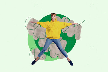 Creative pop poster sketch art collage of happy girl jump dance weekend occasion chill party mood enjoy celebration holiday