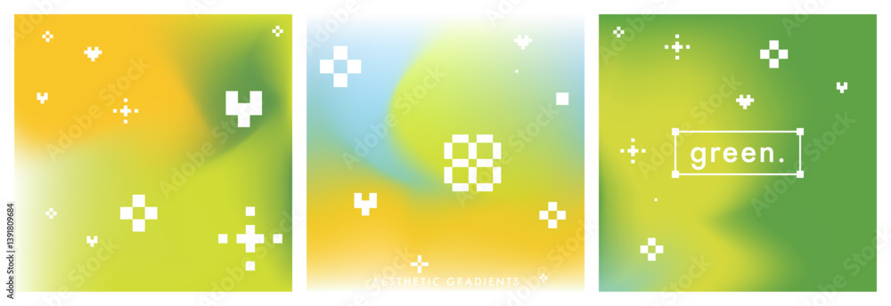 Poster green, yellow gradient background with simple and fun pixel elements. abstract green blurry vector t