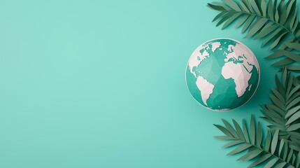 Eco-Friendly Art of Earth with Paper Craft and Green Palm Leaves on Turquoise Background