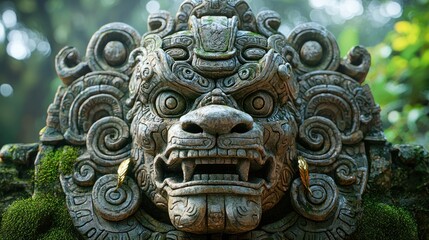 Fototapeta premium Ancient stone lion face in jungle