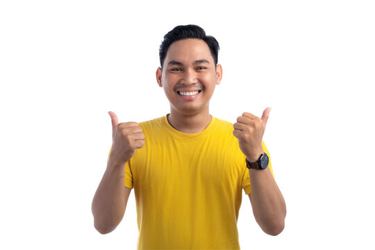 Portrait of happy handsome Asian man with both hands showing thumbs up isolated on transparent background