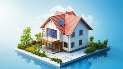 Modern house blueprint, 3D rendering, architectural design, illustration