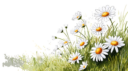 Fototapeta premium A field of white daisies with green grass. Generated using AI.