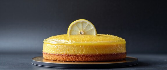 A glossy yellow lemon cake topped with a lemon slice on a black background in a studio shot.