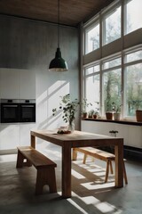 A kitchen with a wooden table and bench, a potted plant