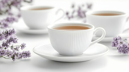 Fototapeta premium Herbal tea, white cups, flowers, calm scene, relaxing moment