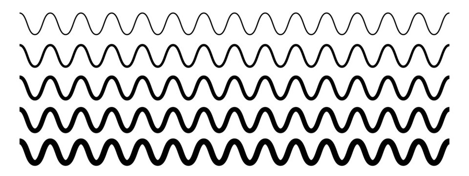 Horizontal wavy stripes with different thicknesses. Sine or cosine lines. Undulated borders. Water, fluid, air or wind symbols. River, sea, lake or ocean signs. Vector graphic illustration.