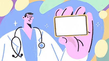 Doctor smiling and showing a card against a colorful background  
