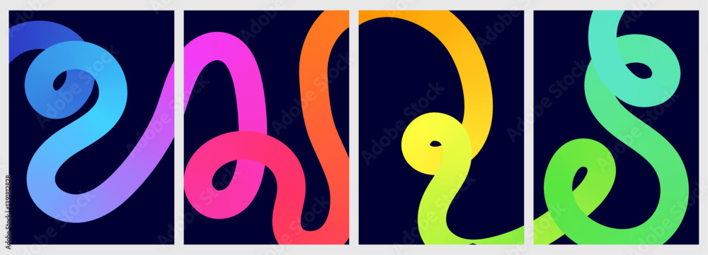 Poster abstract backgrounds set with rainbow gradient squiggle line wave. music poster with colorful doodle