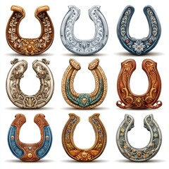 A collection of intricately designed horseshoes, showcasing various decorative styles and colors in a 3x3 grid layout.