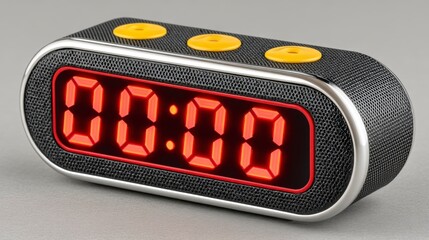 Digital Alarm Clock Displaying 00 00 with Black Casing and Three Yellow Buttons