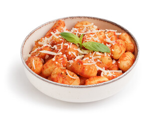 Bowl of tasty gnocchi with cheese on white background