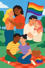 LGBTQ+ Couples Embracing in Park with Pride Flag and Picnic Scene

