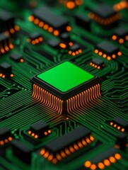 Green Microchip on Circuit Board with Orange Lights Signifying Digital Communication