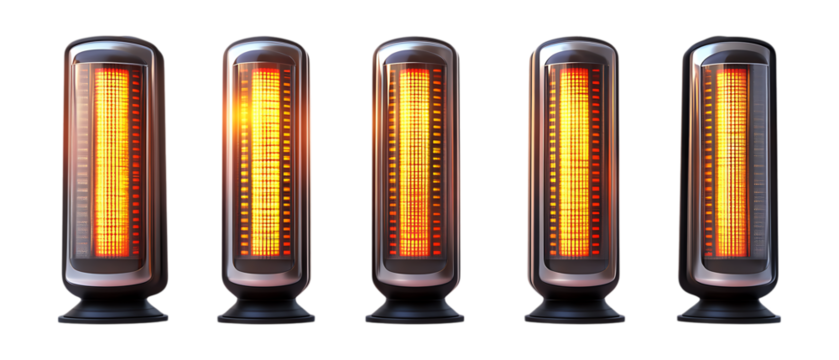 Pack of Heater set of Five Different Poses set Against Transparent Background for Home Appliance Branding, Winter Promotion, or Indoor Heating Design Projects