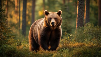 Brown bear in golden forest sunlight, wildlife portrait