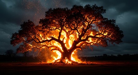Fiery Embrace: A Burning Tree Against a Dramatic Night Sky