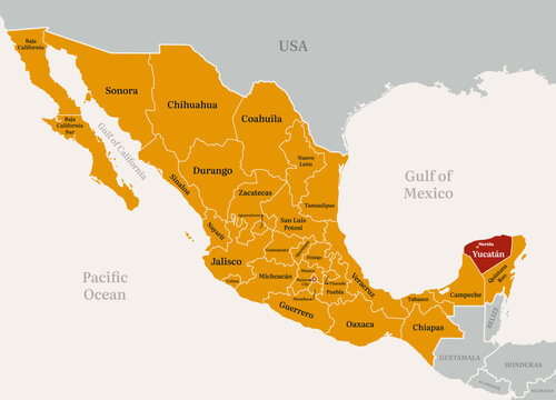 Mexico political map highlighted on Yucatan peninsula state