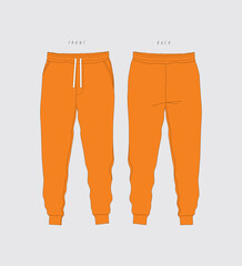 Sport pants vector, Jogger Pants fashion flat technical drawing template. Sport Sweat Pants technical fashion Illustration, side pocket, elastic waistband, front, side and back, unisex CAD mockup.