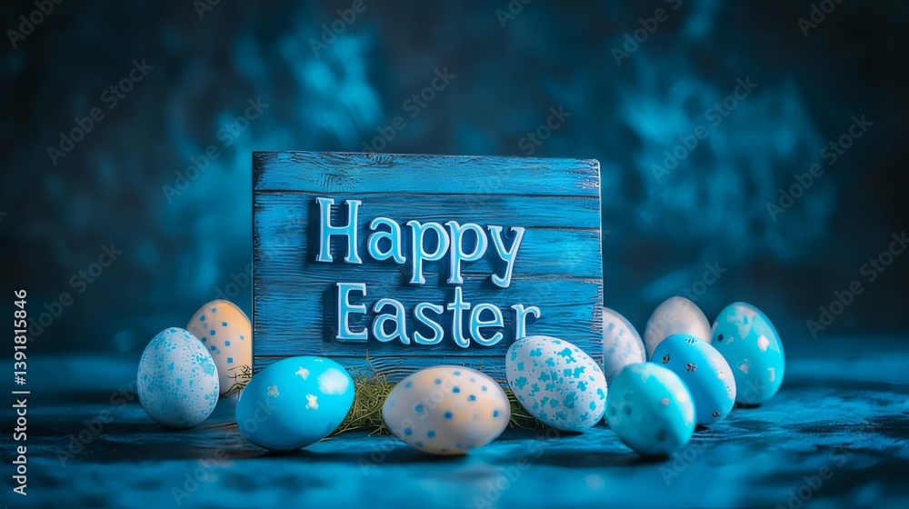 Poster rustic wooden happy easter sign with pastel-colored eggs around it in a delicate spring scene made w