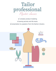 Banner on the topic Sewing clothes, tailor. Vector illustration. For tailors, studios, sewing workshops