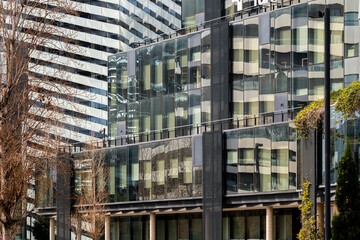 Urban composition of overlapping buildings and tree silhouettes, highlighting reflective materials and structured complexity.
