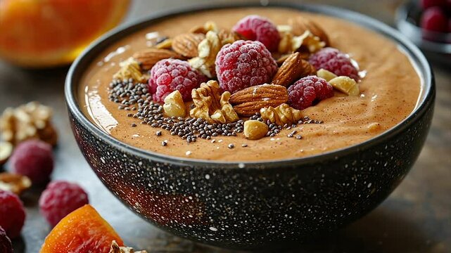 Smooth, creamy smoothie bowl topped with raspberries, almonds, walnuts, and chia seeds
