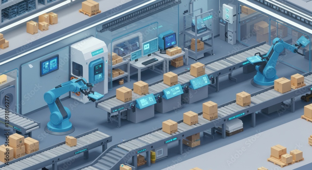 Poster automated warehouse: futuristic smart factory with robotic arms and conveyor belts for efficient pac