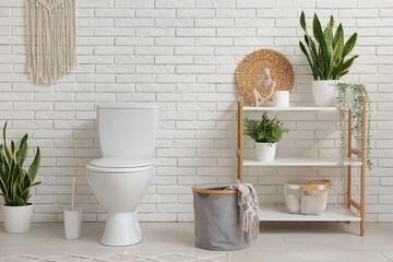 Interior of light bathroom with ceramic toilet bowl and houseplants