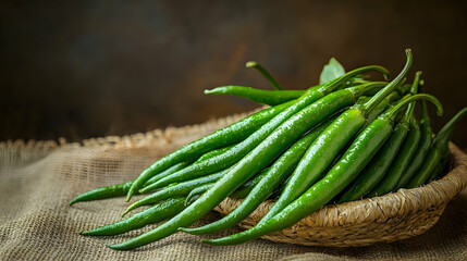 Fresh green chilies in basket, rustic background. Food photography