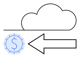 Cloud outline with backward arrow pointing at coin icon representing currency. Ideal for finance, technology, cloud computing, online payment, transactions, savings, data storage. Flat simple