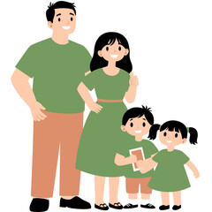 Happy cartoon family illustration with father, mother, son, and daughter. Perfect for educational content, family values, parenting concepts, children&rsquo;s books, or community-related visuals.