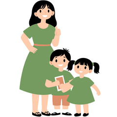 Illustration of a happy mother standing with her son and daughter. A cheerful family scene, perfect for educational materials, parenting themes, family love, and childhood memories.