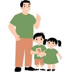 Cartoon illustration of a happy father with his son and daughter. Perfect for family themes, parenting, childhood, bonding moments, education, and lifestyle content.