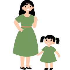 Mother and daughter standing happily, wearing matching green dresses. A cheerful family moment illustration perfect for parenting topics, family content, or educational and lifestyle designs.