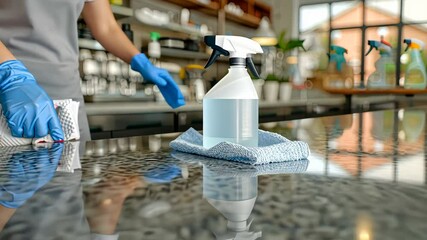 A worker in gloves cleans and sanitizes a shiny countertop in a cafe, ensuring a safe and welcoming atmosphere for customers
