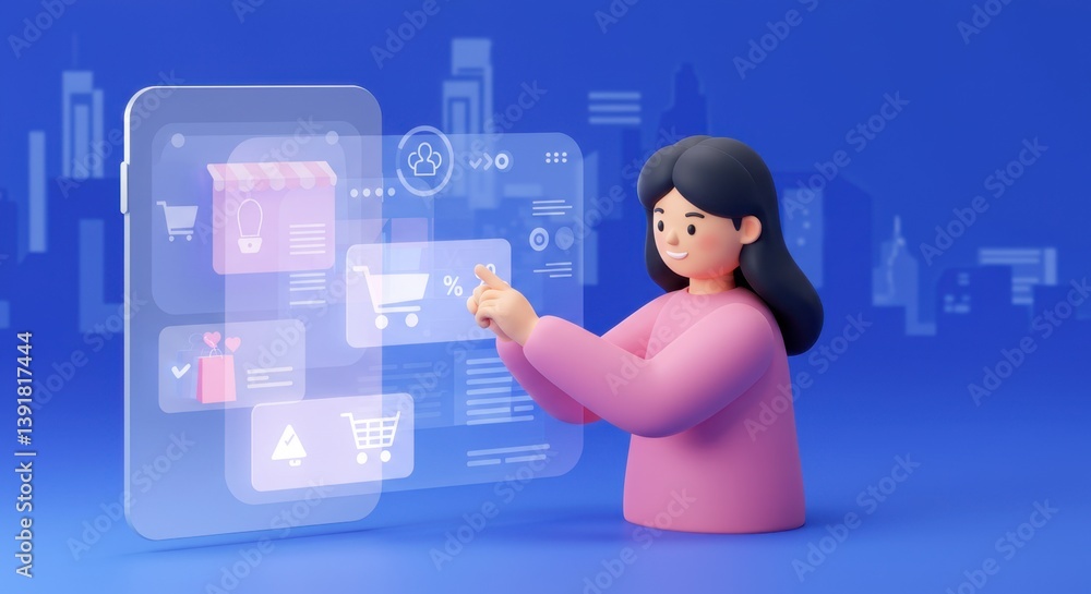 Poster modern e-commerce shopping experience: woman interacting with interactive mobile app interface showi