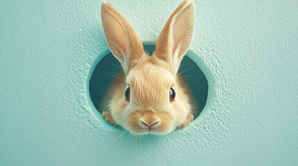 Obraz premium Whimsical rabbit peeking out from a circular hole in pastel blue wall with playful perspective made with Generative AI technology
