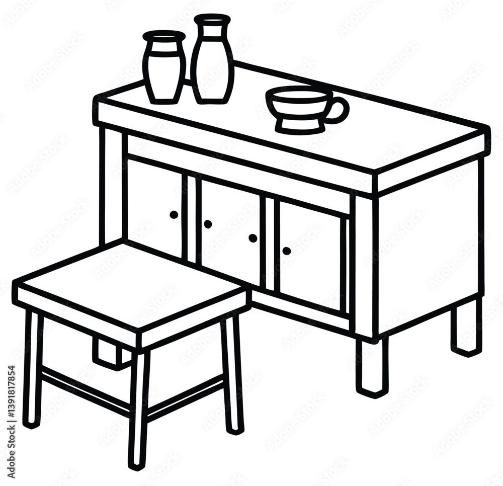Poster a simple line drawing of a small wooden table with two vases and a bowl on top. the table features t