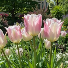 Clear weather, beautifully blooming tulips in the park