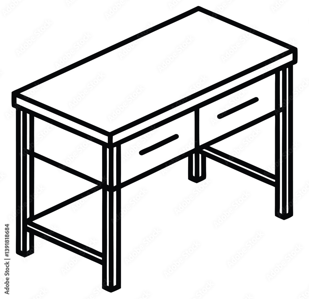 Poster a simple, outline illustration of a rectangular table with two drawers on one side. the table featur