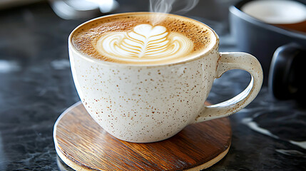 A white coffee cup with a heart design on it. Generated using AI.