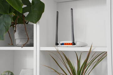 Shelf unit with wi-fi router and plants, closeup