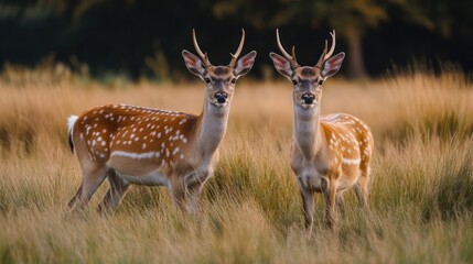Two spotted deer in a field at dawn.  Possible use Nature photography