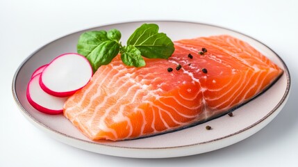 raw salmon steak plated with radish clipart, color contrast concept, photorealistic, isolated on white background